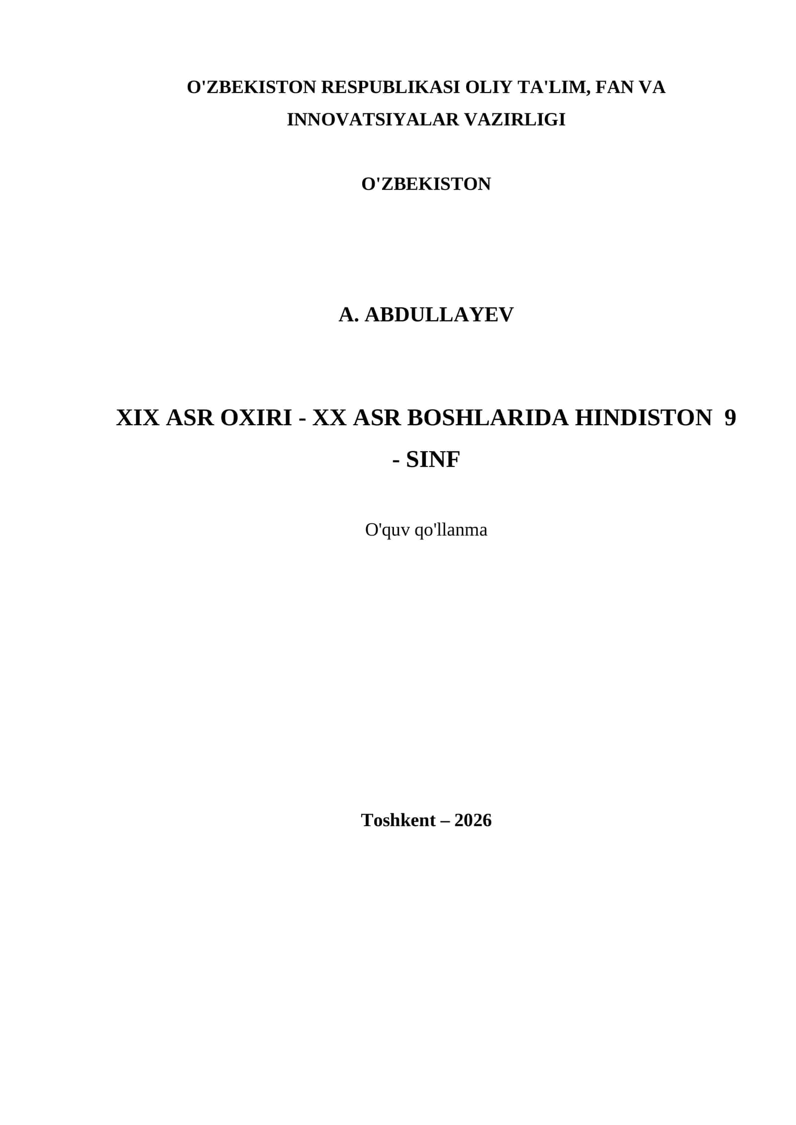 XIX ASR OXIRI - XX ASR BOSHLARIDA HINDISTON 9 - SINF
