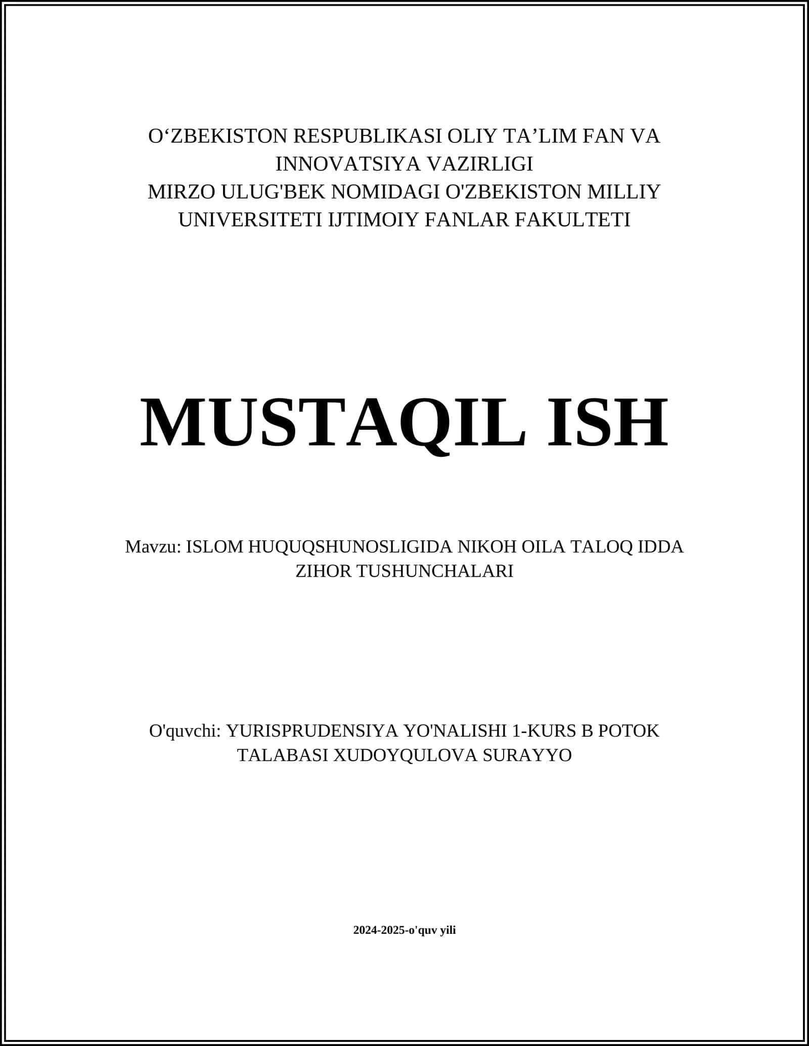 ISLOM HUQUQSHUNOSLIGIDA NIKOH OILA TALOQ IDDA ZIHOR TUSHUNCHALARI