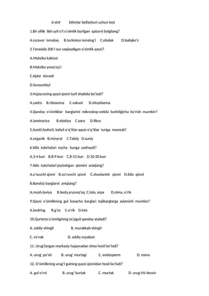 6-sinf bilimlar bellashuvi uchun test
