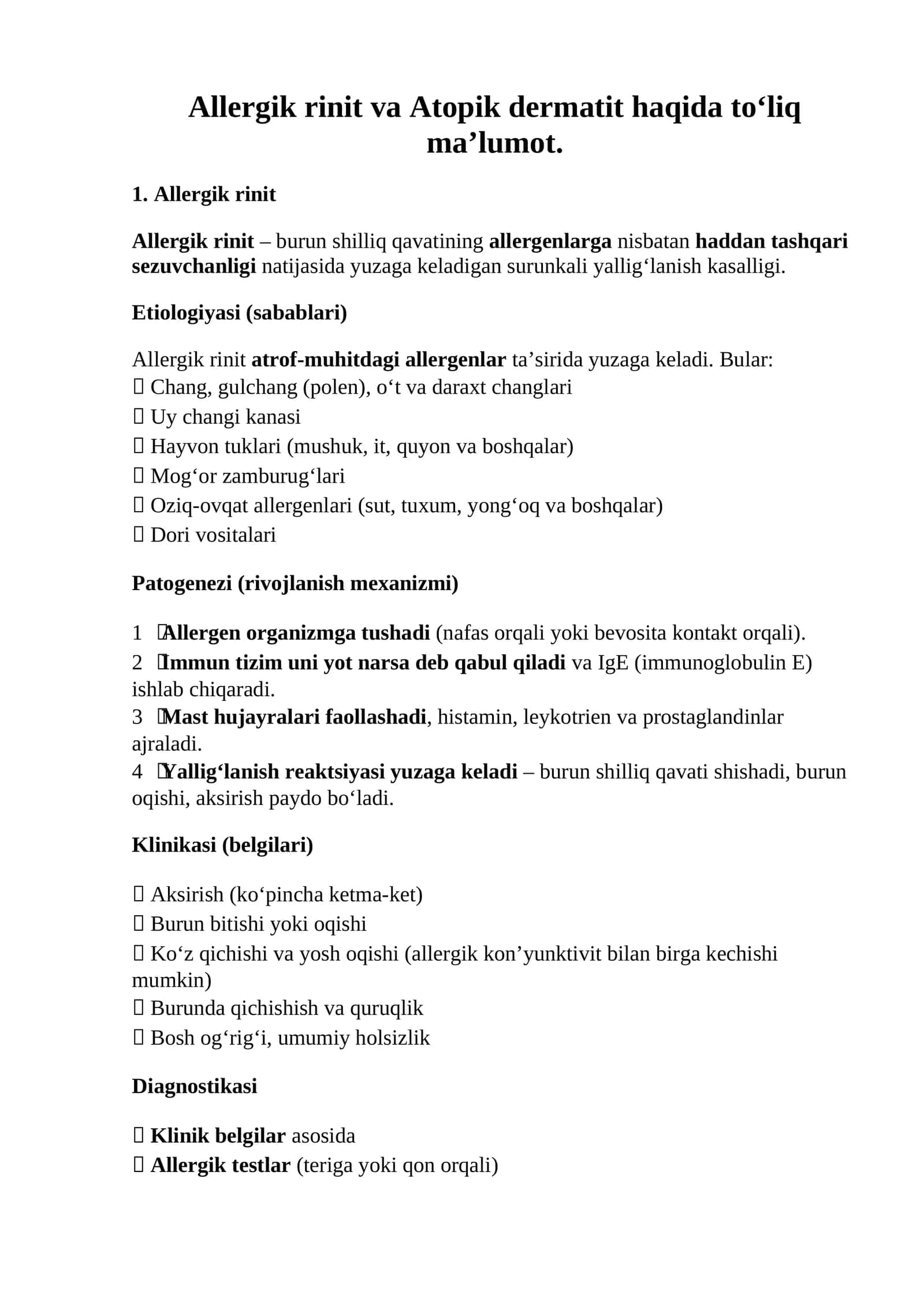 Allergik rinit va Atopik dermatit haqida to‘liq ma’lumot