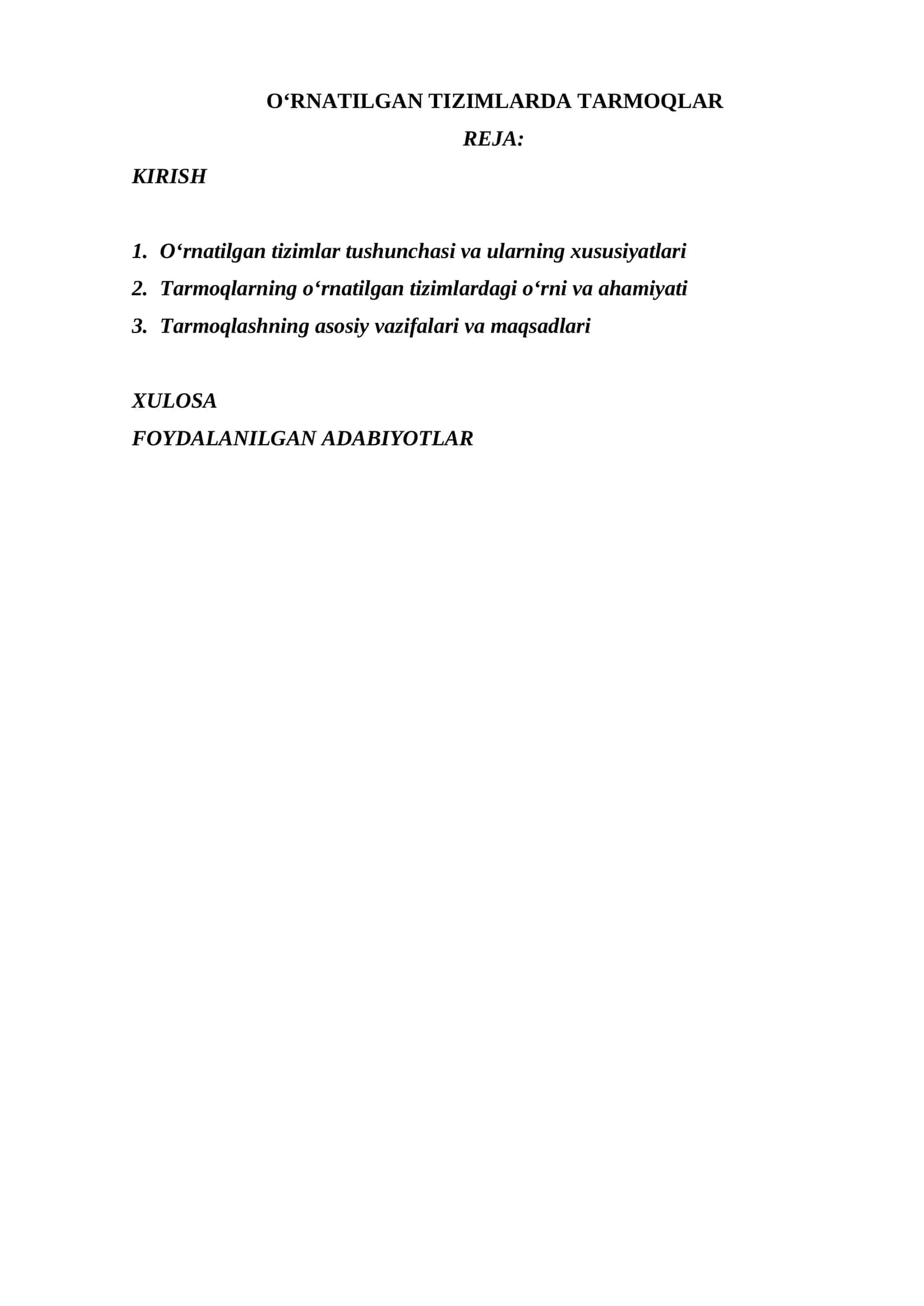 O‘RNATILGAN TIZIMLARDA TARMOQLAR