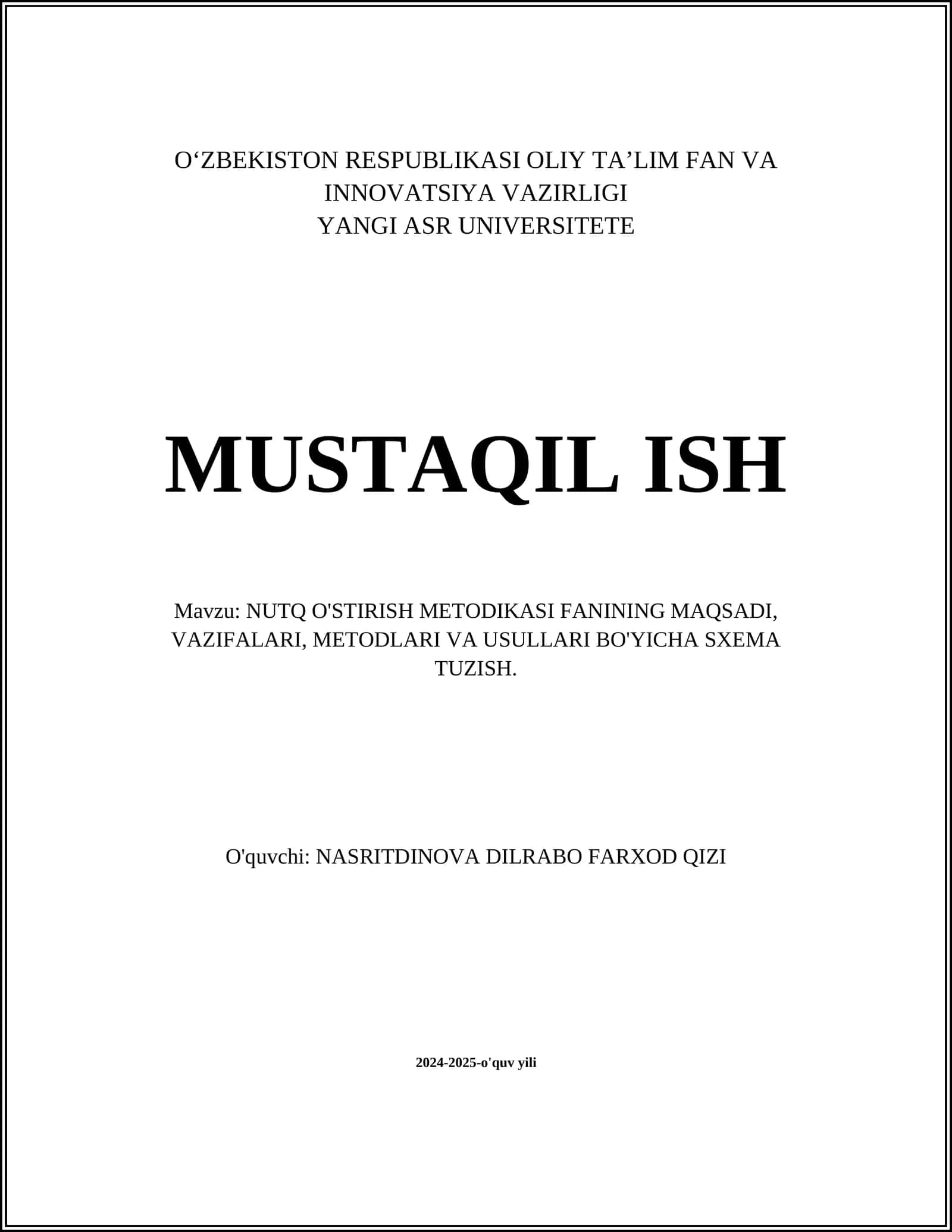 NUTQ O'STIRISH METODIKASI FANINING MAQSADI, VAZIFALARI, METODLARI VA USULLARI BO'YICHA SXEMA TUZISH