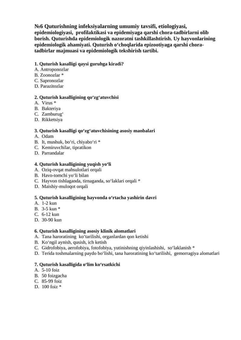 №6 Quturishning infeksiyalarning umumiy tavsifi, etiologiyasi, epidemiologiyasi, profilaktikasi va epidemiyaga qarshi chora-tadbirlarni olib borish