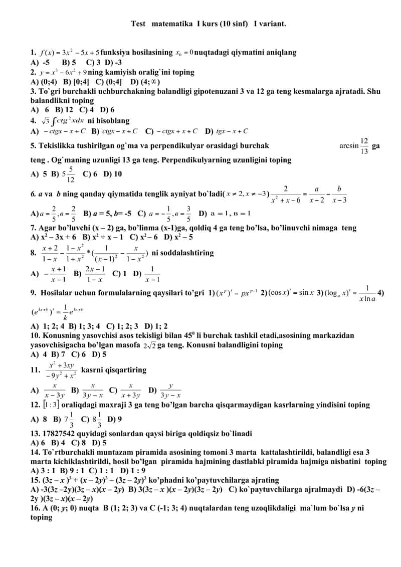 Matematikadan Olimpiada savollari