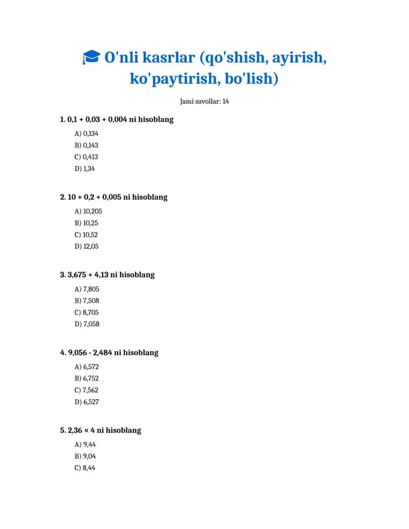 O'nli kasrlar (qo'shish, ayirish, ko'paytirish, bo'lish)