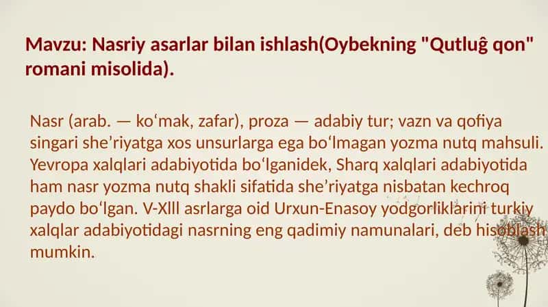 Nasriyasarlarbilanishlash(Oybekning"Qutluĝqon"romanimisolida)