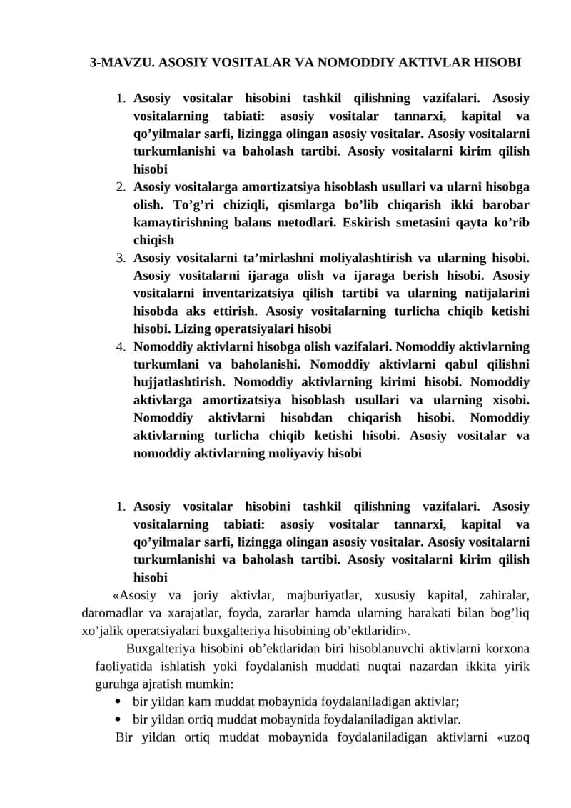 MAVZU. ASOSIY VOSITALAR VA NOMODDIY AKTIVLAR HISOBI