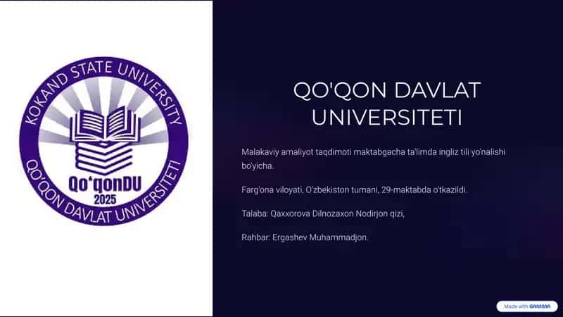 Malakaviy amaliyot taqdimoti maktabgacha ta'limda ingliz tili yo'nalishi bo'yicha