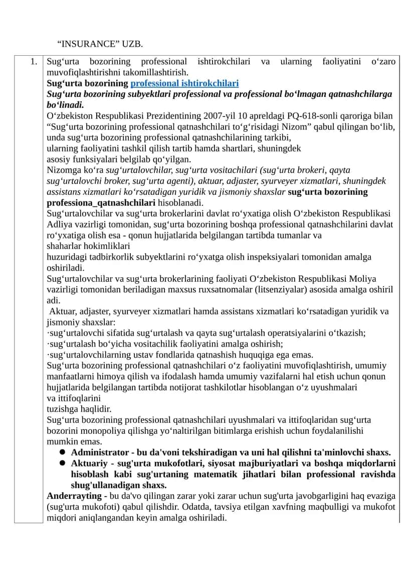 Sug‘urta bozorining professional ishtirokchilari va ularning faoliyatini o‘zaro muvofiqlashtirish