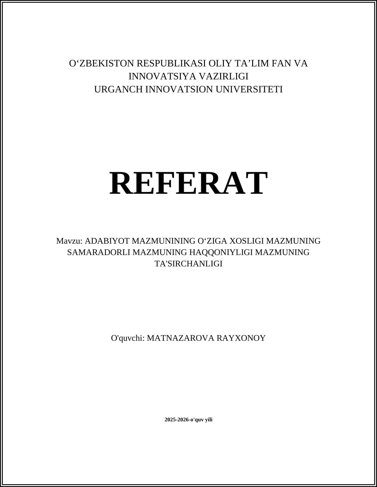 ADABIYOT MAZMUNINING OʻZIGA XOSLIGI