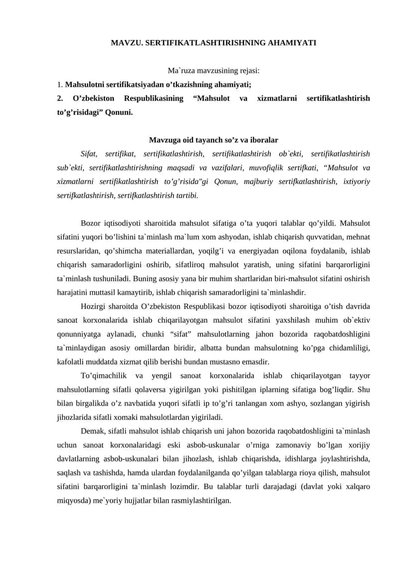 MAVZU. SERTIFIKATLASHTIRISHNING AHAMIYATI