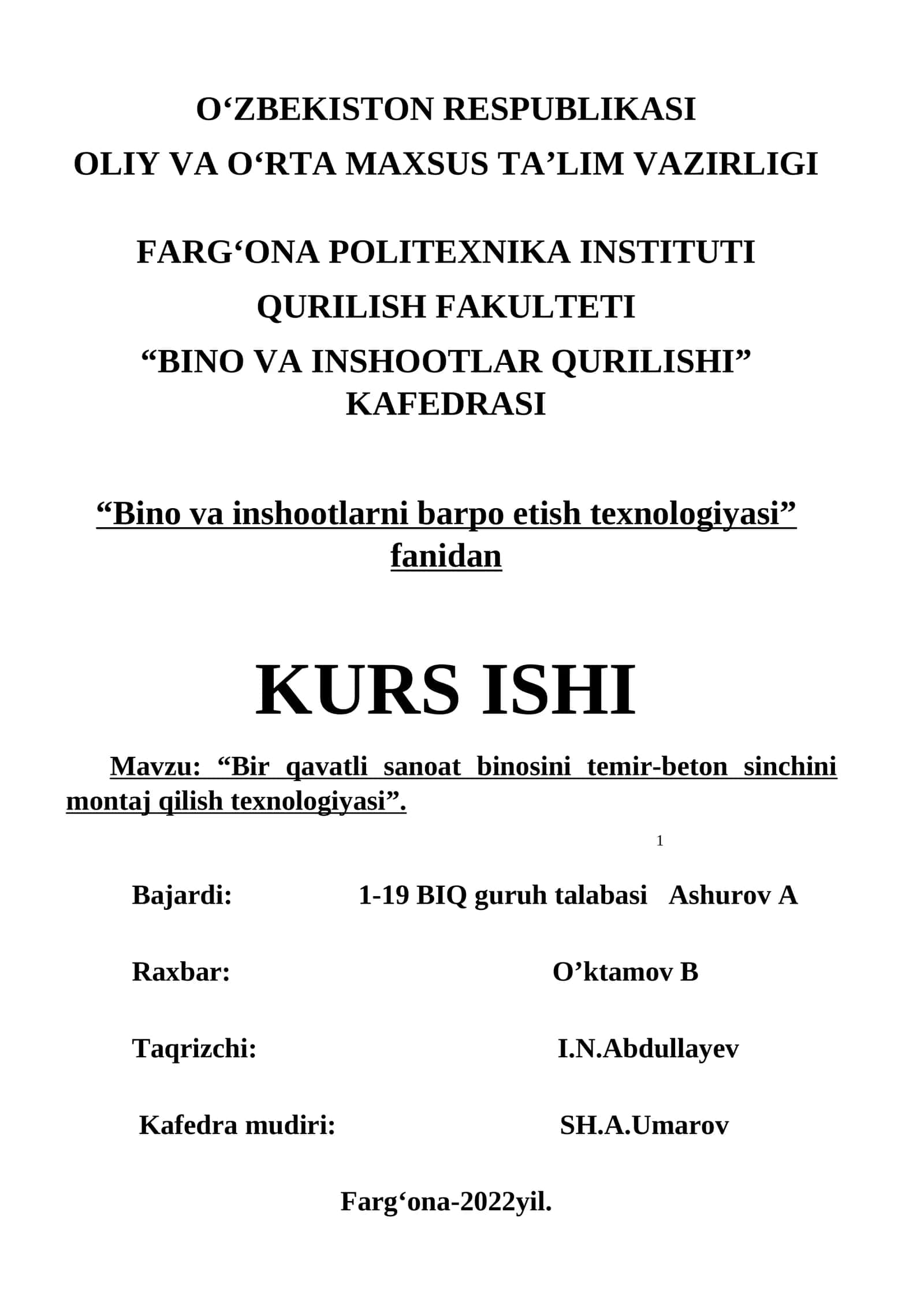 Bino va inshootlarni barpo etish texnologiyasi