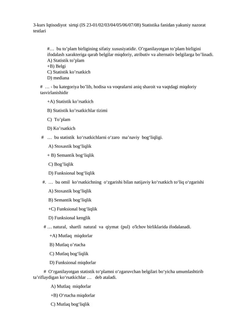 Iqtisodiyot: Statistika fanidan yakuniy nazorat testlari