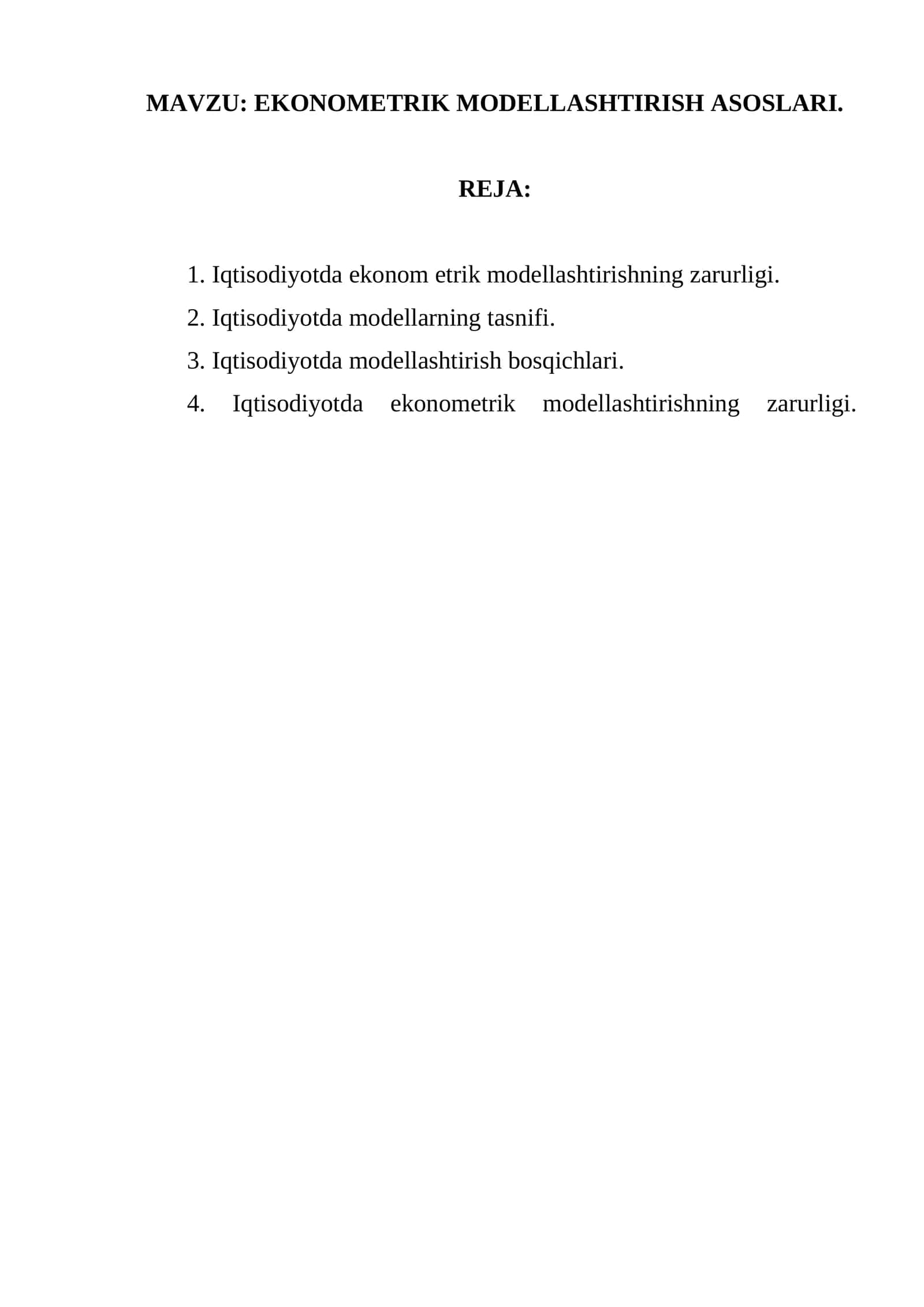Ekonom etrik modellashtirish asoslari