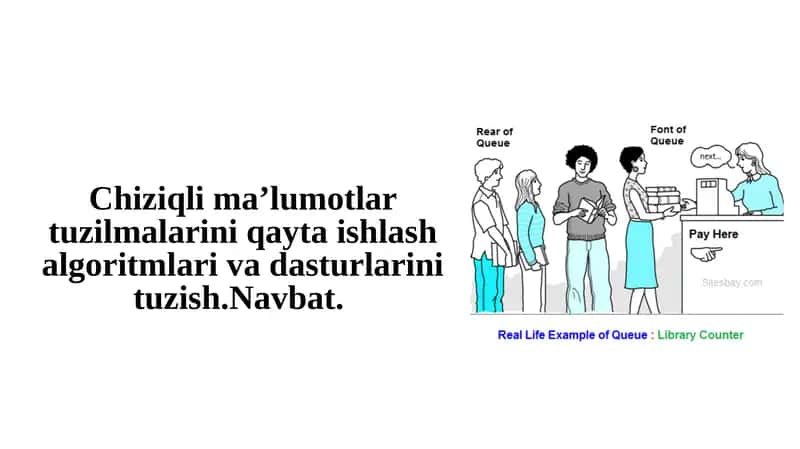 Chiziqli ma’lumotlar tuzilmalarini qayta ishlash algoritmlari va dasturlarini tuzish.Navbat