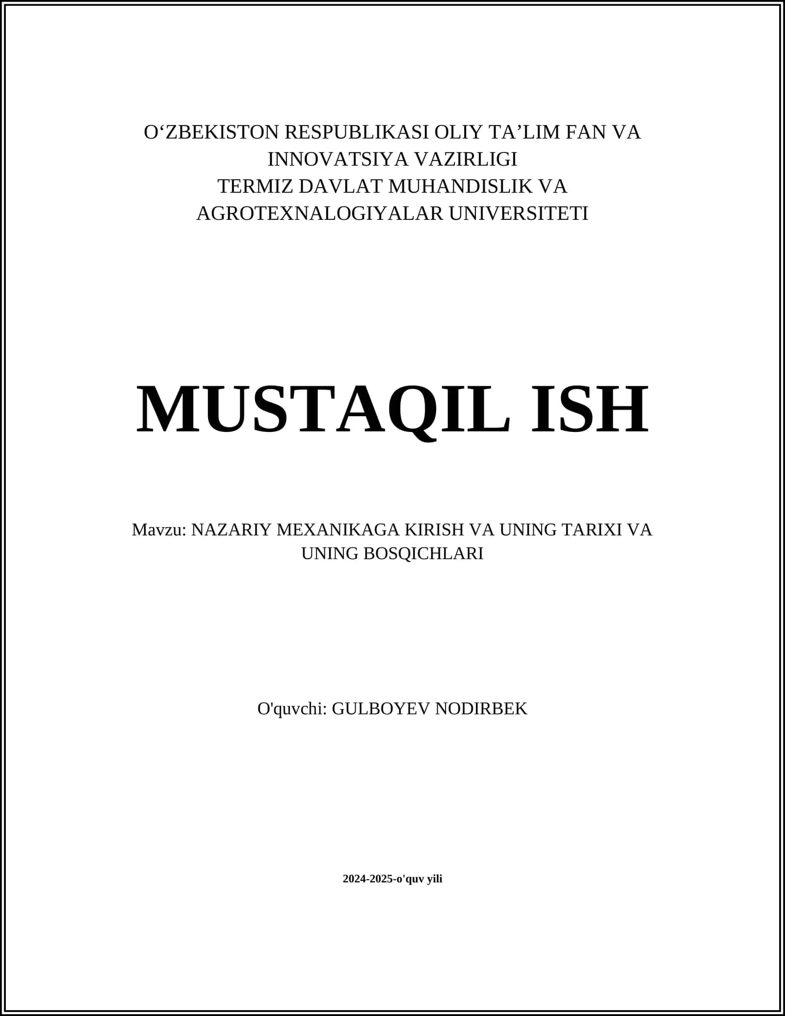 NAZARIY MEXANIKAGA KIRISH VA UNING TARIXI VA UNING BOSQICHLARI