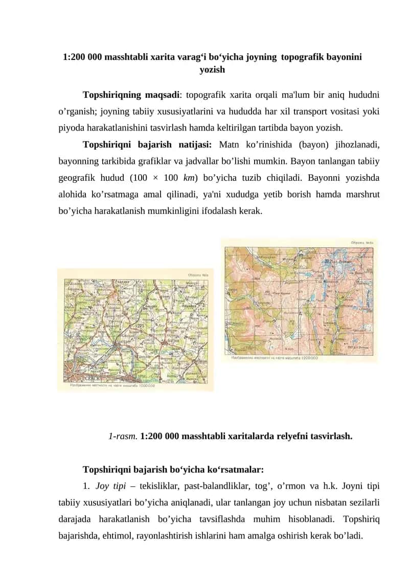 1:200 000 masshtabli xarita varag‘i bo‘yicha joyning topografik bayonini yozish