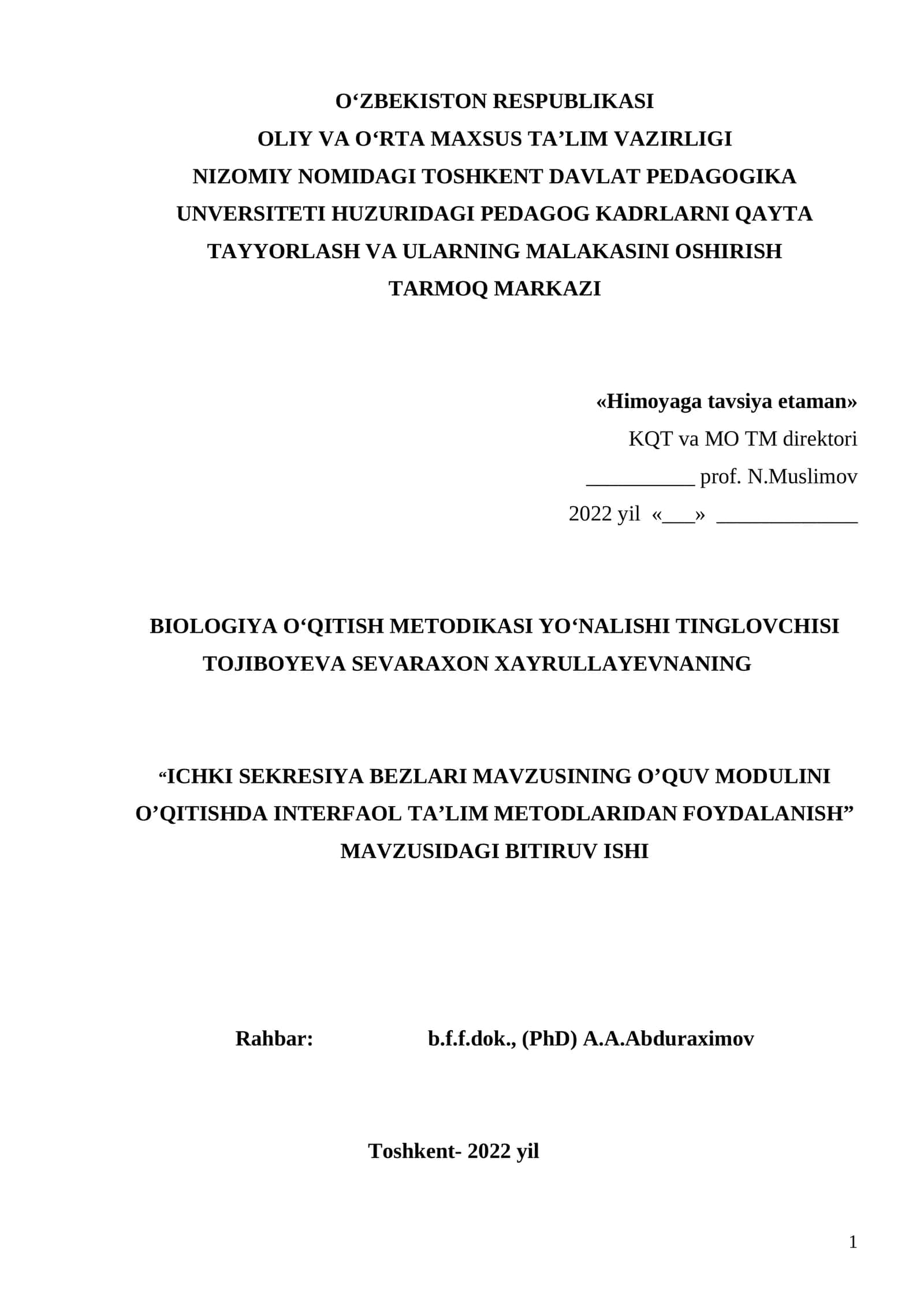 BIOLOGIYA O‘QITISH METODIKASI YO‘NALISHI