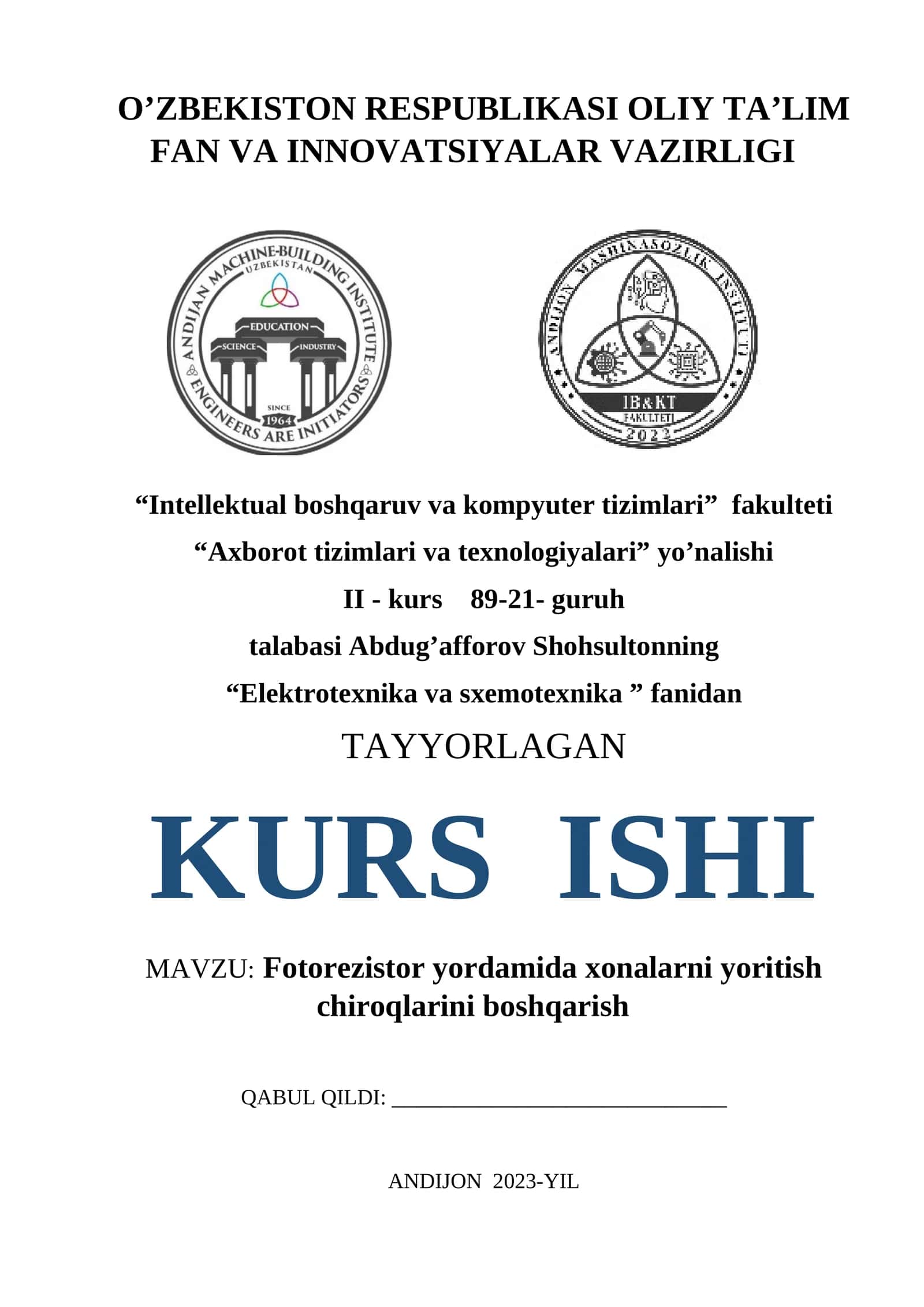 Fotorezistor yordamida xonalarni yoritish chiroqlarini boshqarish kurs ishi