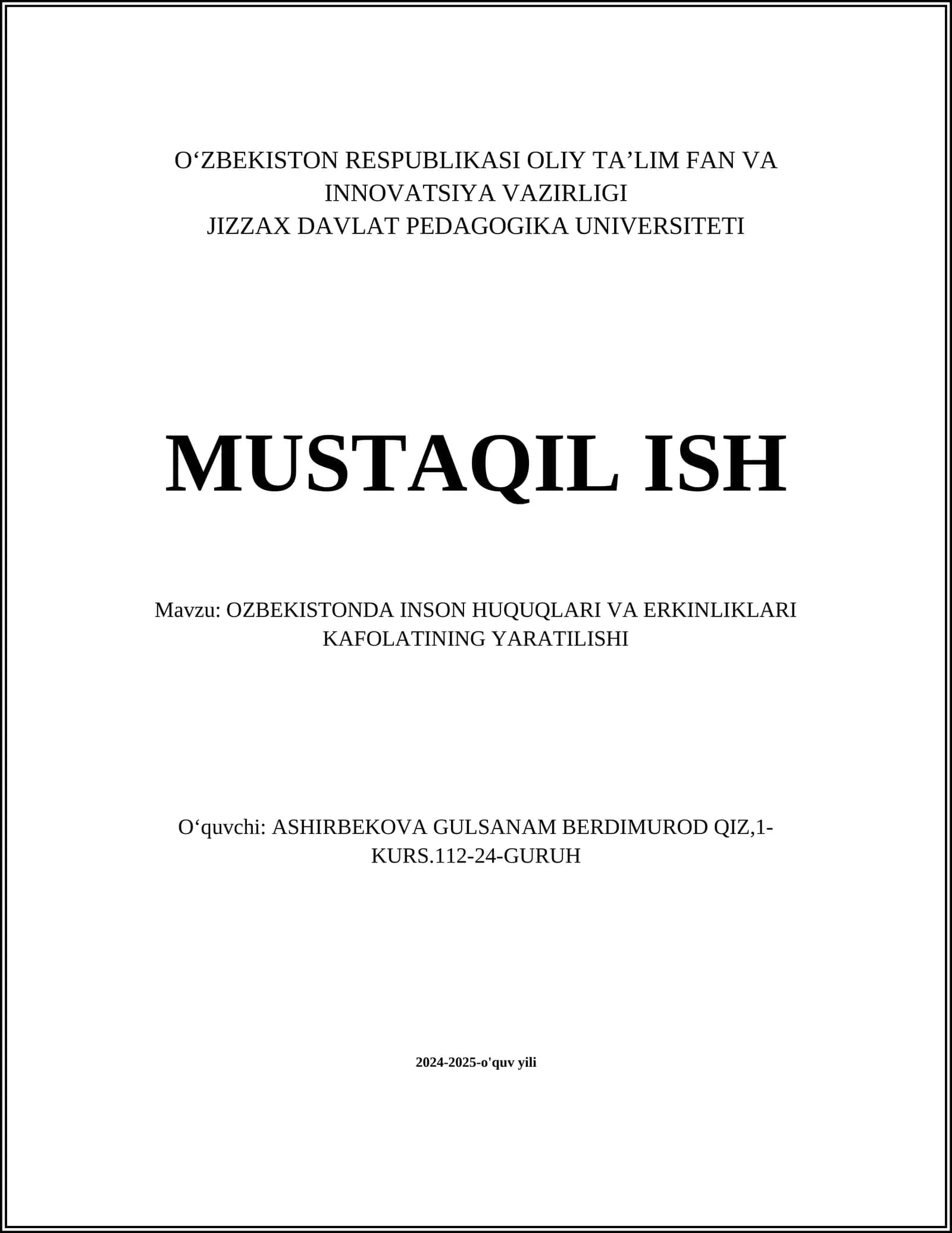 O‘zbekistonda Inson Huquqlari va Erkinliklari Kafolatining Yaratilishi