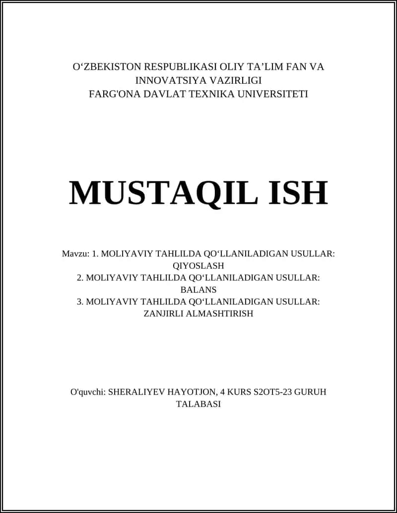 Moliyaviy tahlilda qo‘llaniladigan usullar: Qiyoslash