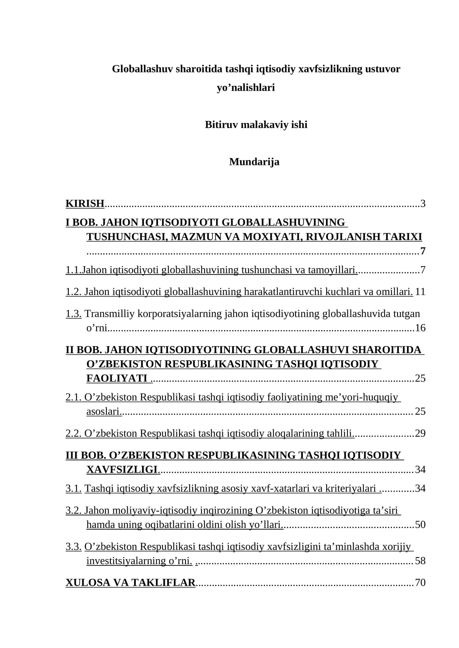 Globallashuv sharoitida tashqi iqtisodiy xavfsizlikning ustuvor yo’nalishlari