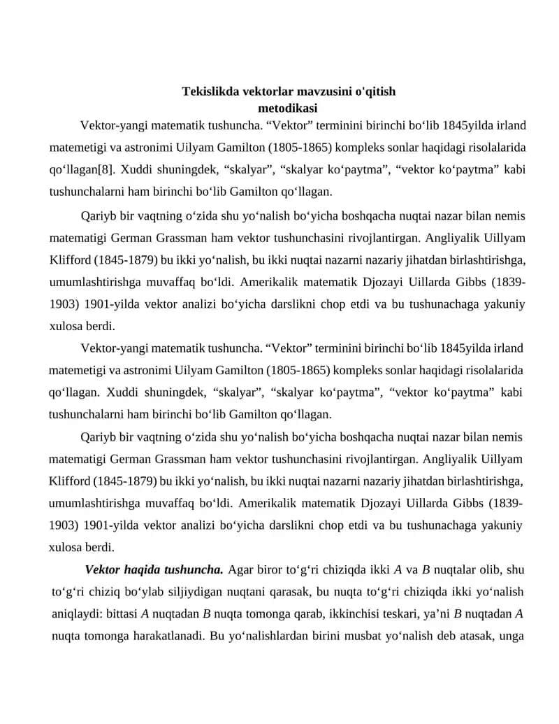 Tekislikda vektorlar mavzusini o'qitish metodikasi