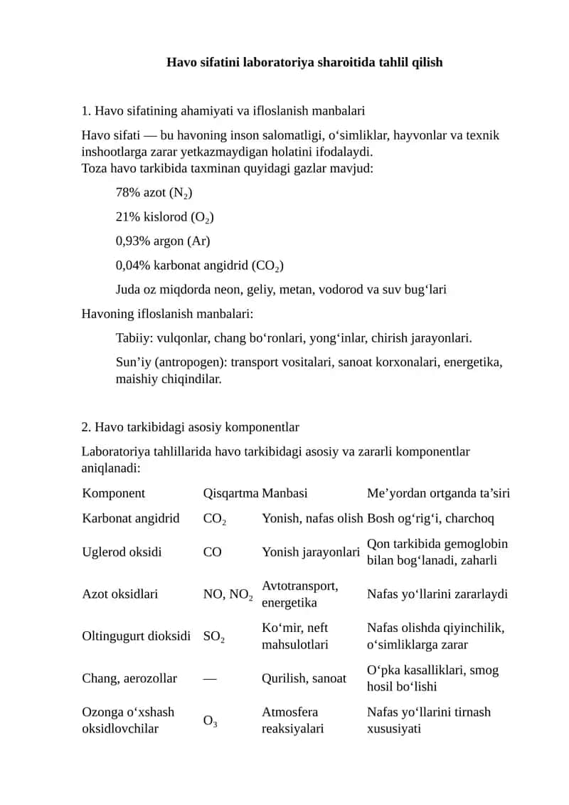 Havo sifatini laboratoriya sharoitida tahlil qilish