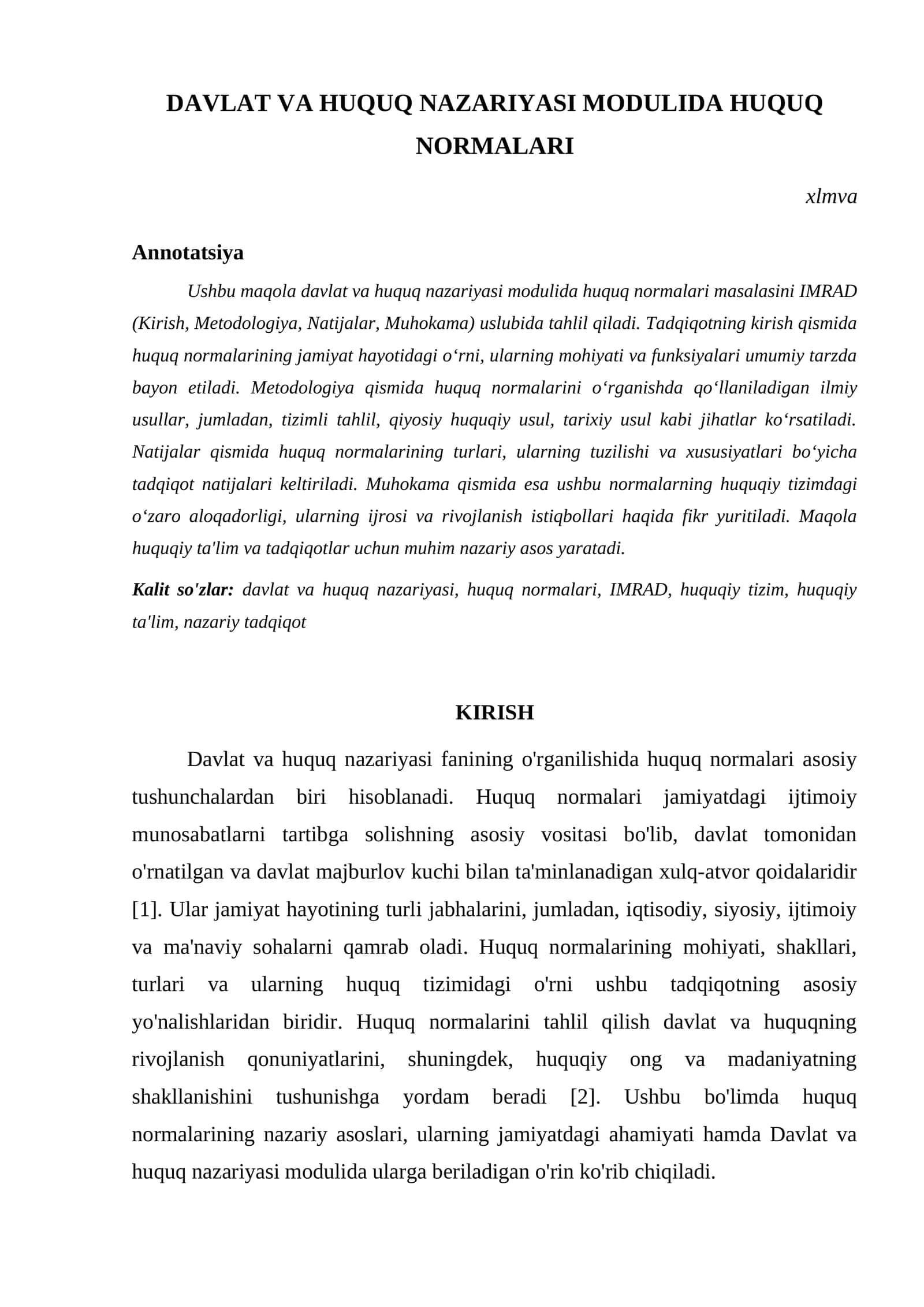 DAVLAT VA HUQUQ NAZARIYASI MODULIDA HUQUQ NORMALARI