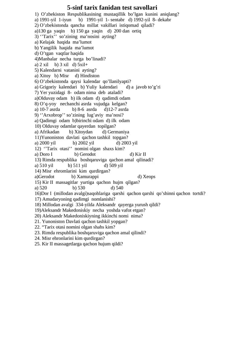 5-sinf tarix fanidan test savollari