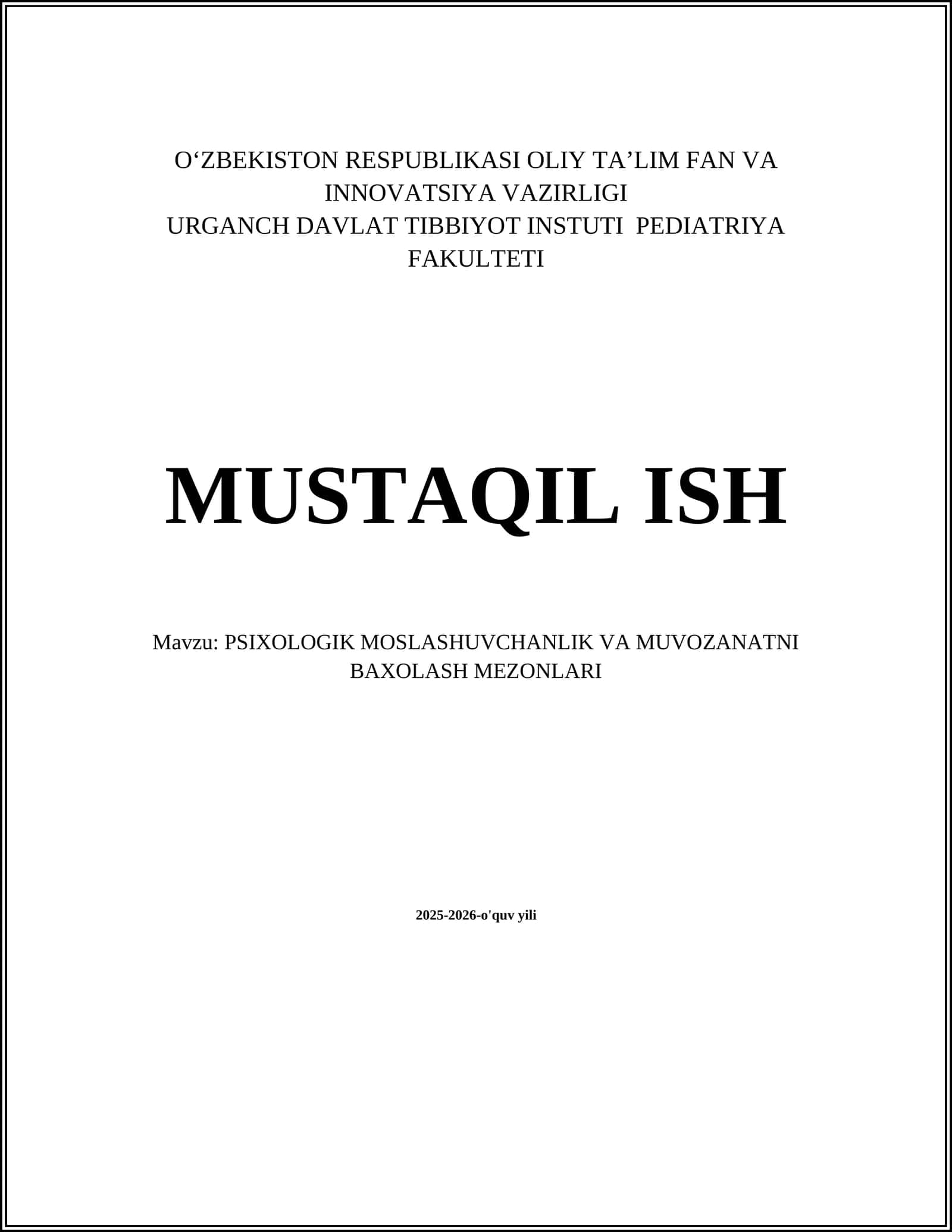 PSIXOLOGIK MOSLASHUVCHANLIK VA MUVOZANATNI BAXOLASH