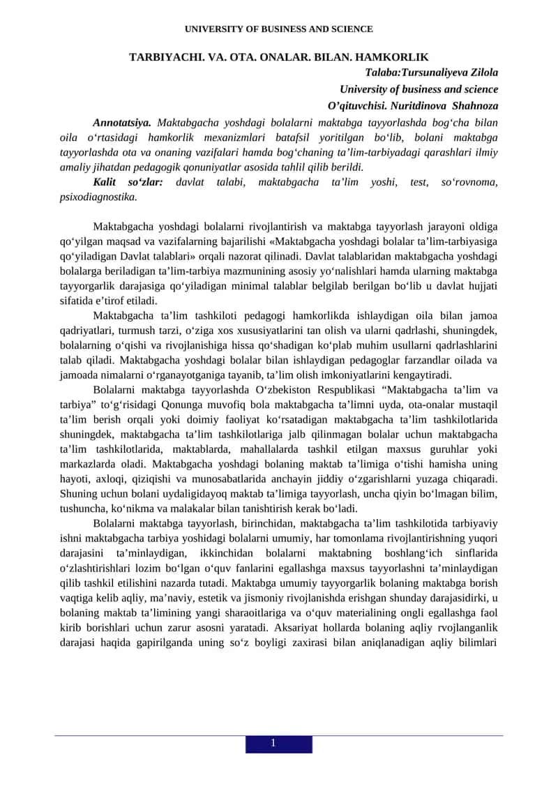 Maktabgacha yoshdagi bolalarni rivojlantirish va maktabga tayyorlash