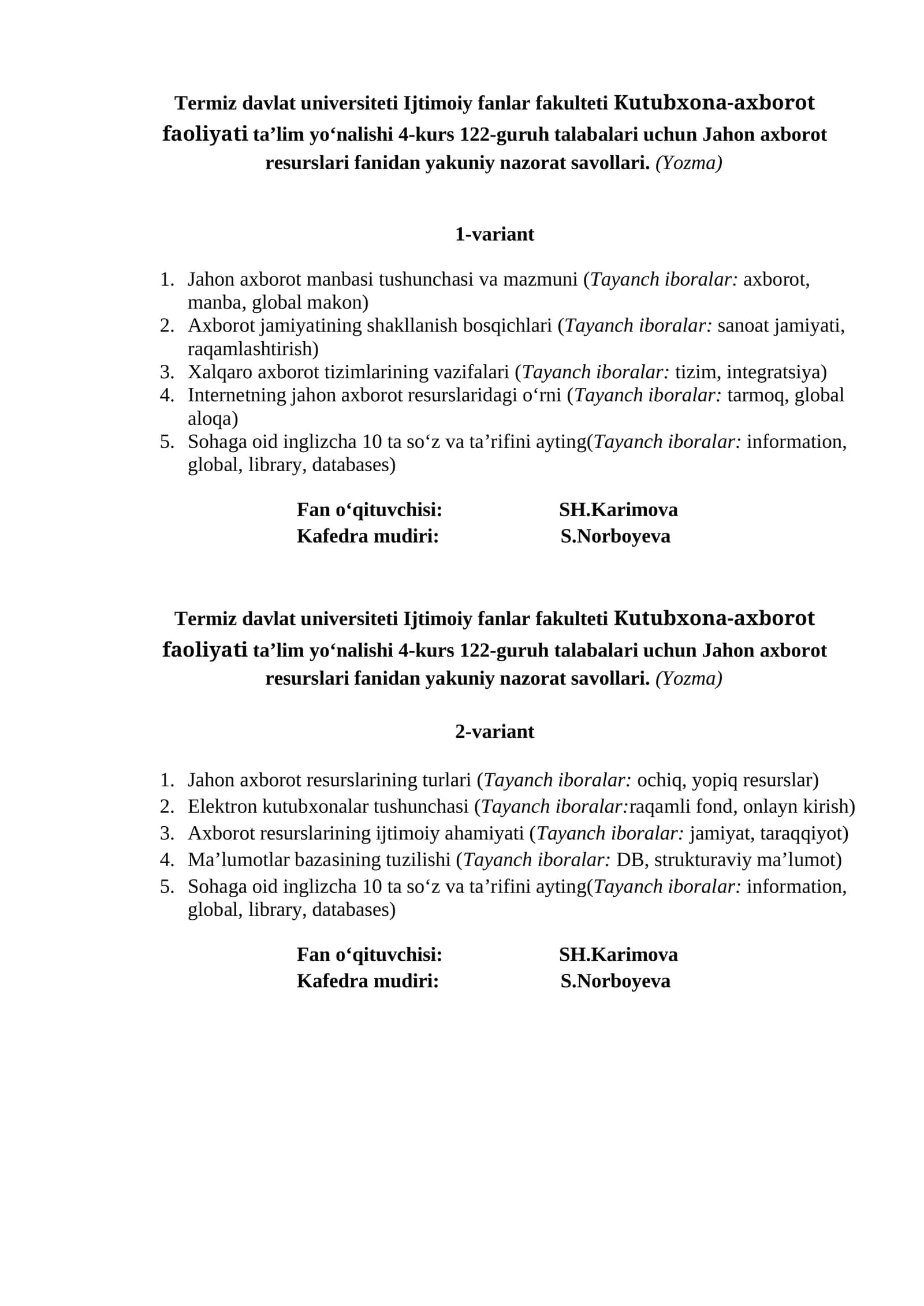 Jahon axborot resurslari fanidan yakuniy nazorat savollari