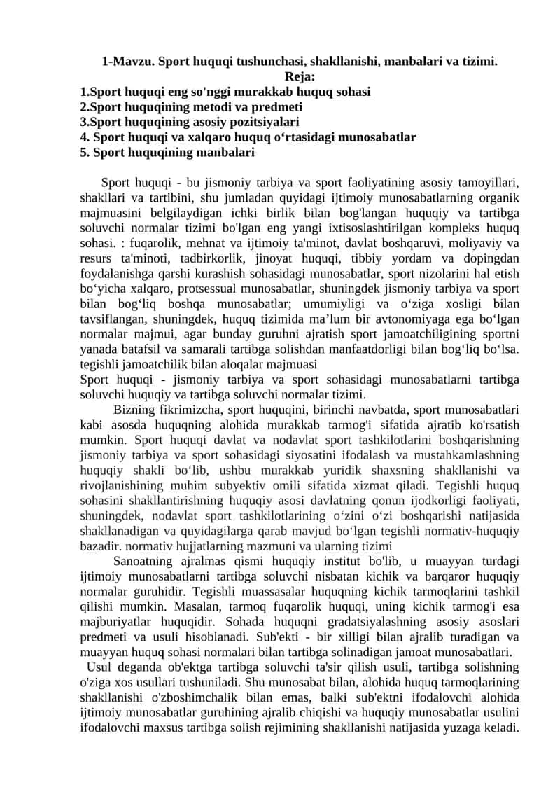 Sport huquqi tushunchasi, shakllanishi, manbalari va tizimi