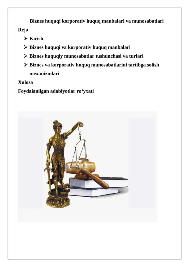 Biznes huquqi va korporativ huquq manbalari va munosabatlari