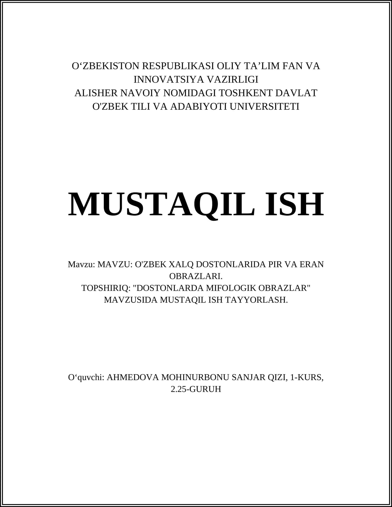 O'ZBEK XALQ DOSTONLARIDA PIR VA ERAN OBRAZLARI