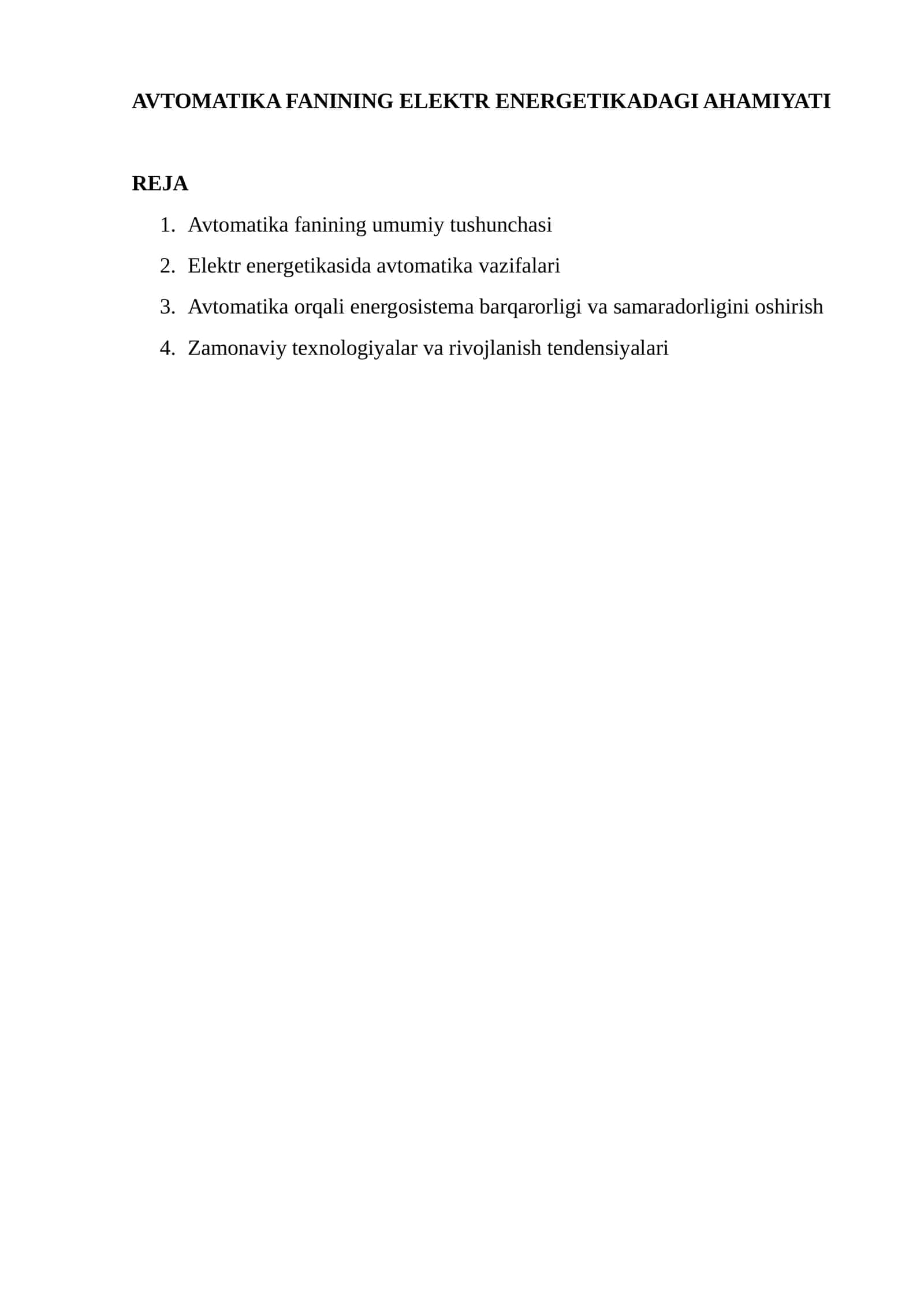 AVTOMATIKA FANINING ELEKTR ENERGETIKADAGI AHAMIYATI