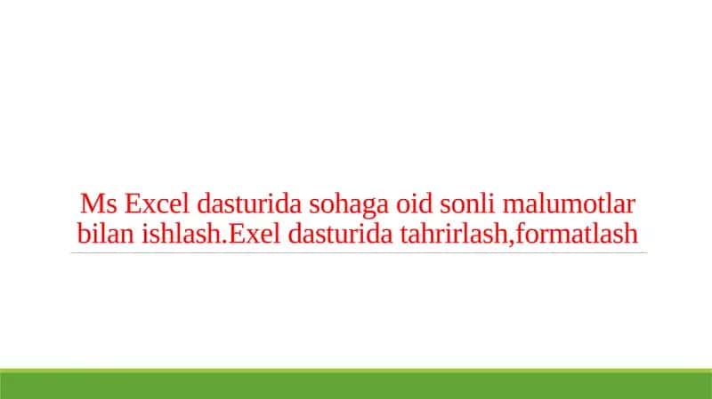 Ms Excel dasturida sohaga oid sonli malumotlar bilan ishlash.Exel dasturida tahrirlash,formatlash
