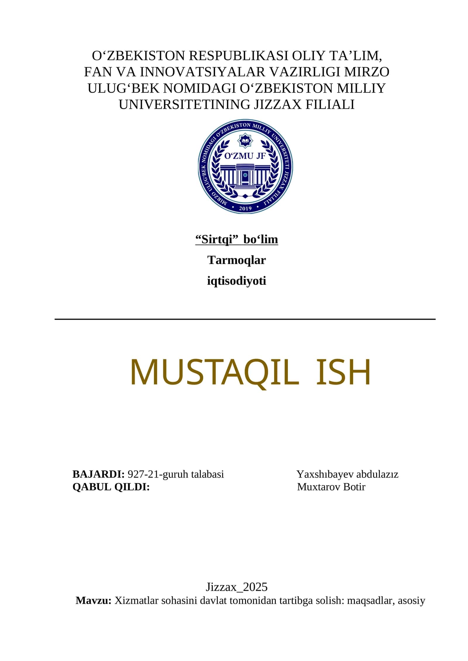 Xizmatlar sohasini davlat tomonidan tartibga solish: maqsadlar, asosiy yoʻnalishlar, muammolar