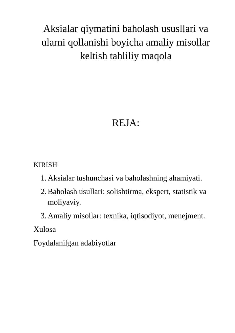 Aksialar qiymatini baholash ususllari va ularni qollanishi
