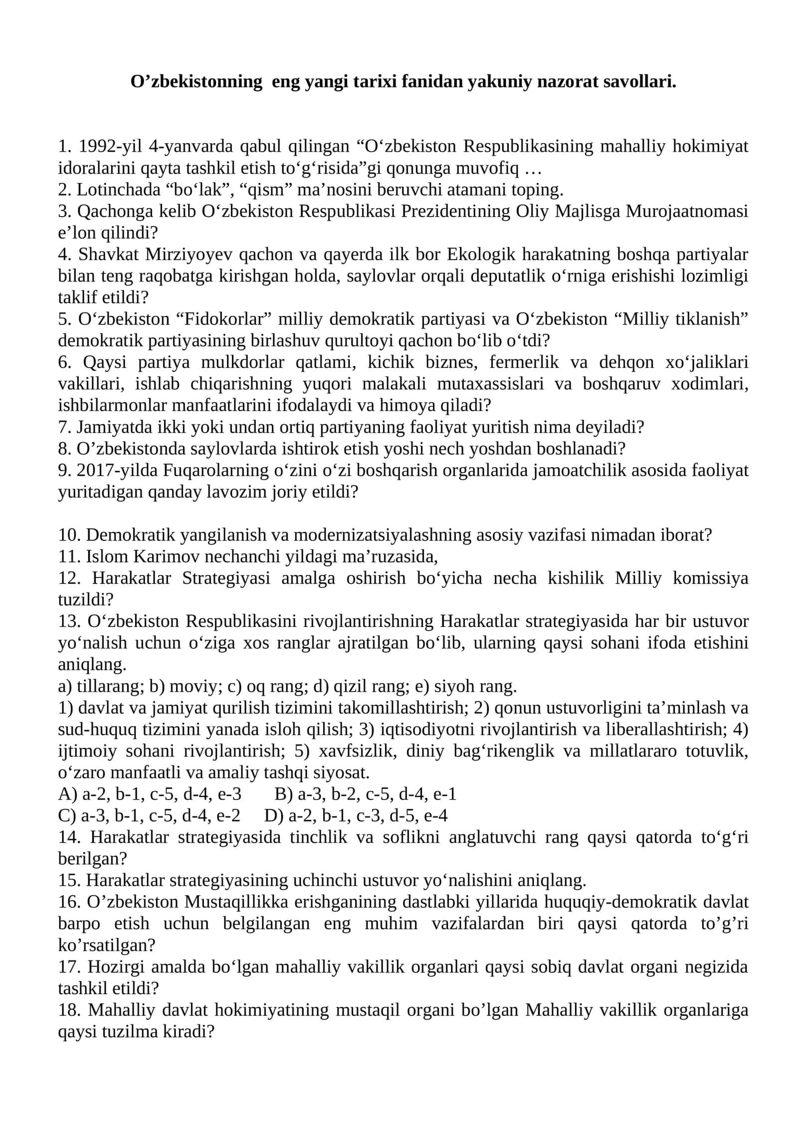 O‘zbekistonning eng yangi tarixi fanidan yakuniy nazorat savollari