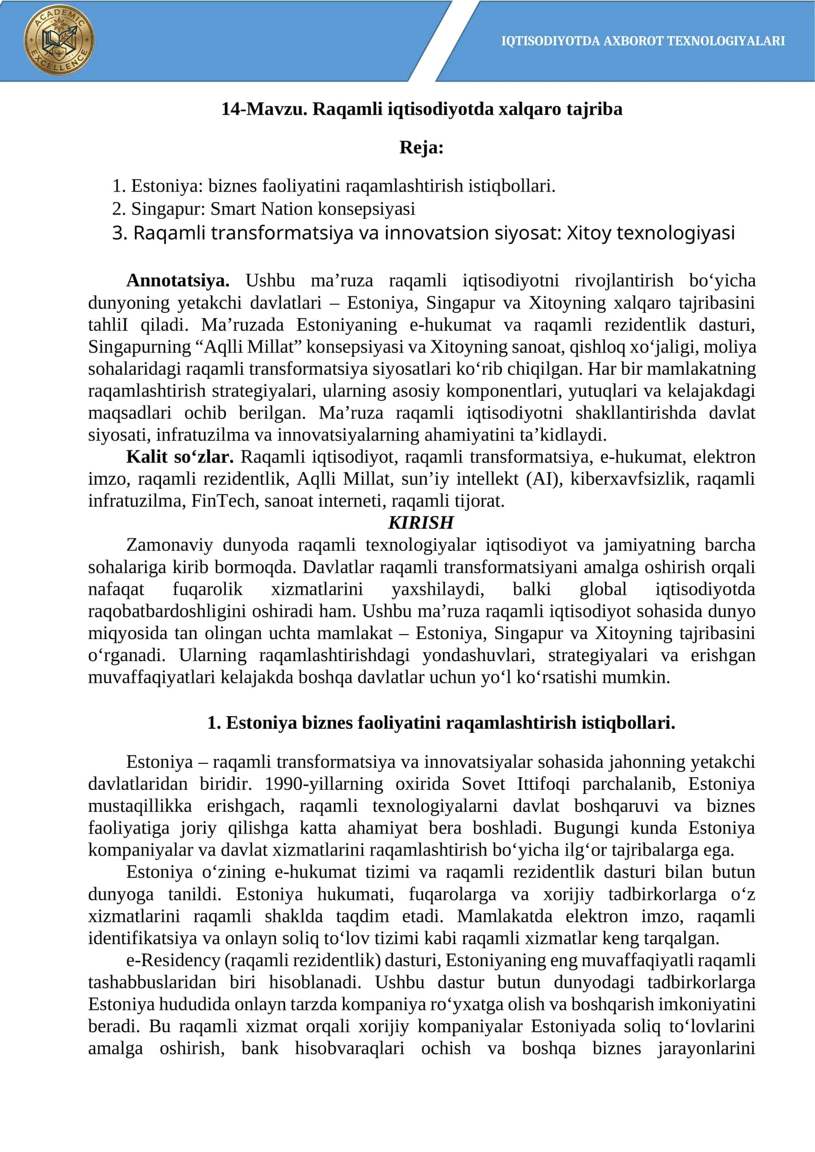 IQTISODIYOTDA AXBOROT TEXNOLOGIYALARI