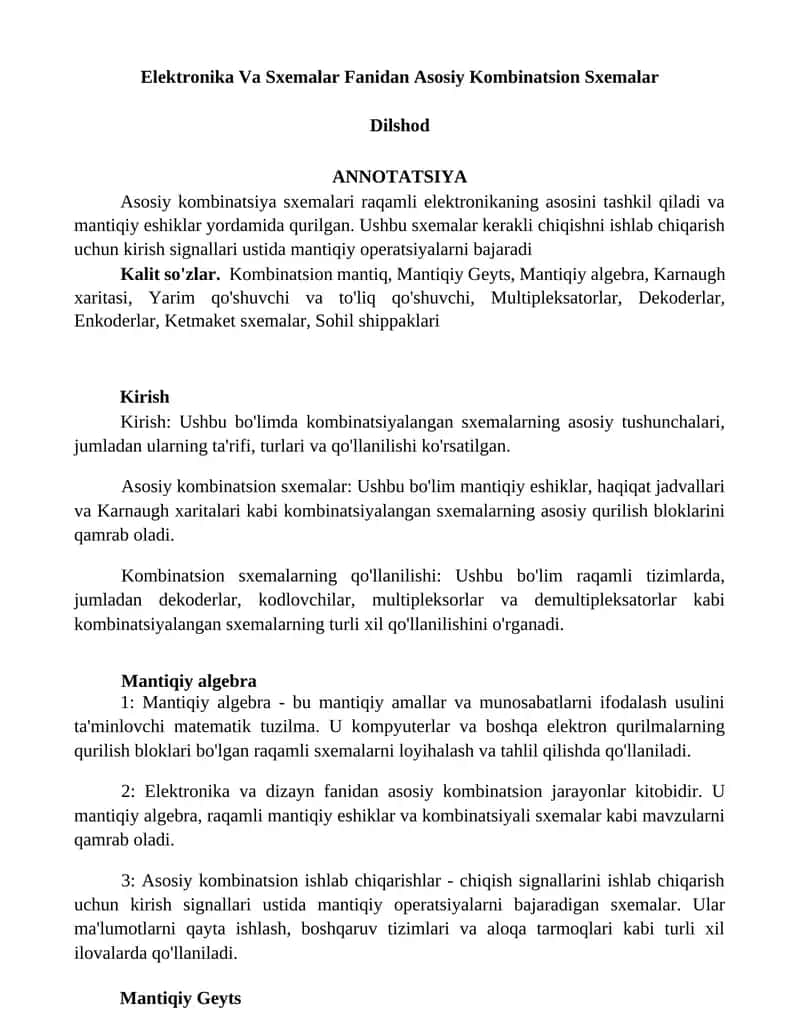 Elektronika Va Sxemalar Fanidan Asosiy Kombinatsion Sxemalar