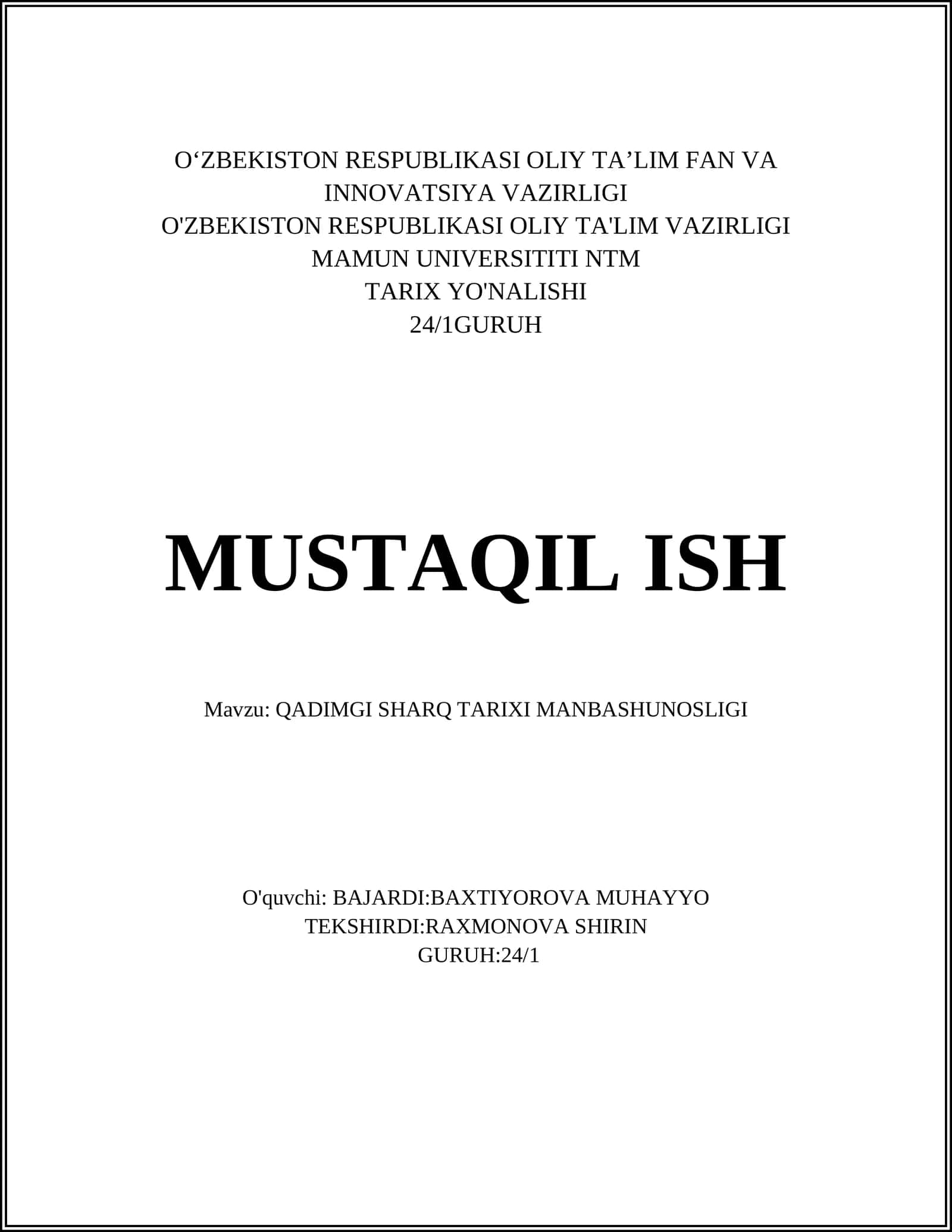 QADIMGI SHARQ TARIXI MANBASHUNOSLIGI