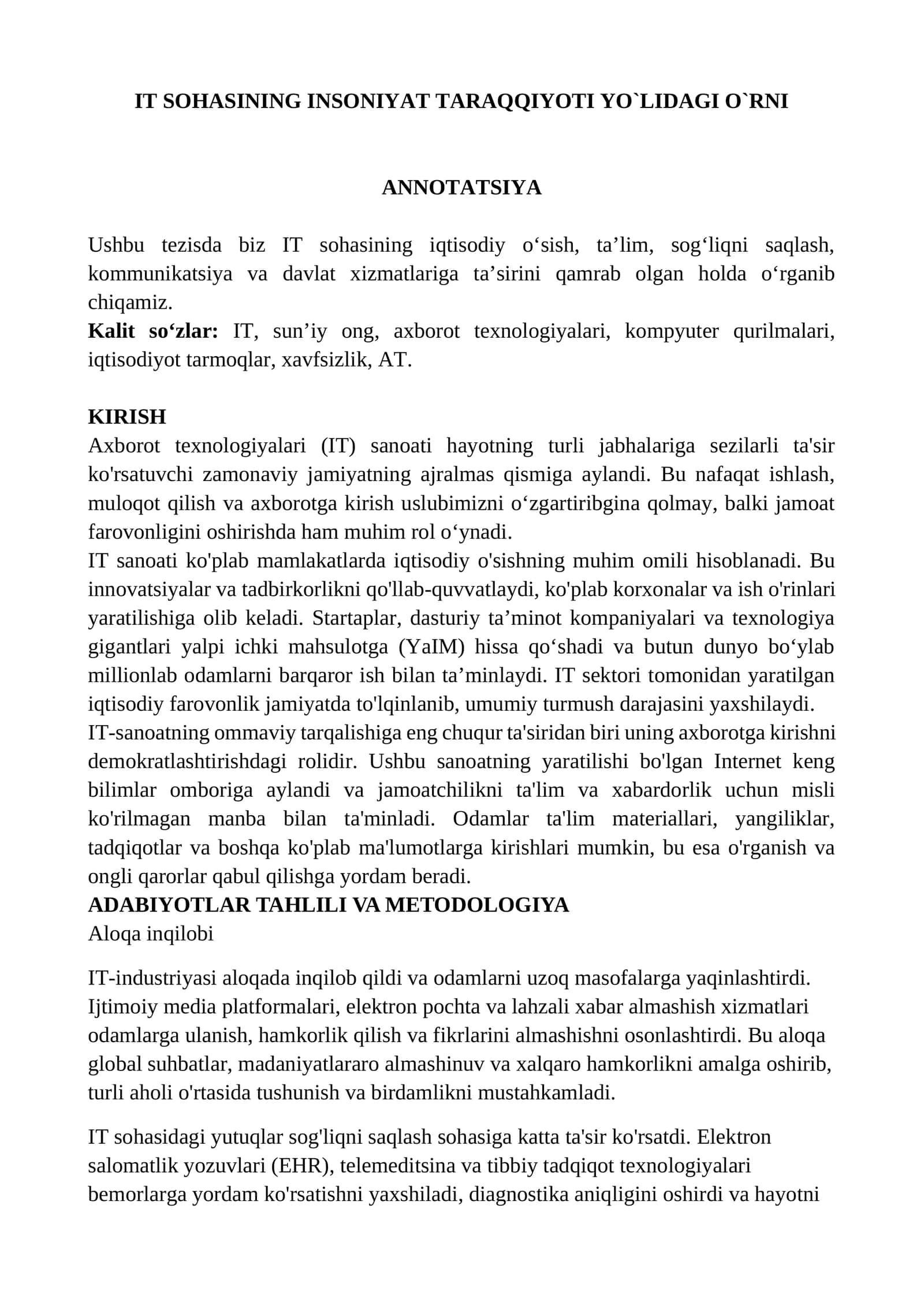 IT SOHASINING INSONIYAT TARAQQIYOTI YO`LIDAGI O`RNI