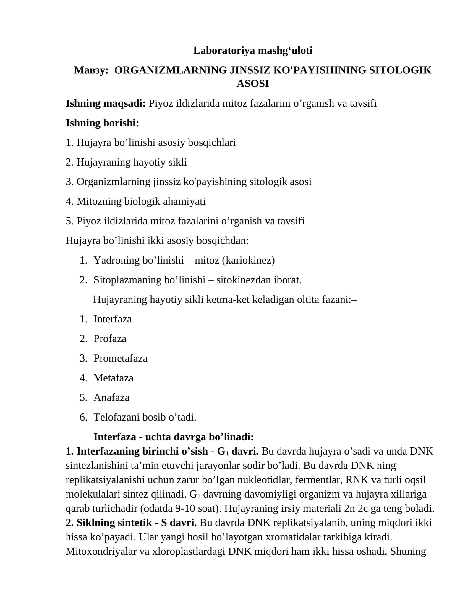 ORGANIZMLARNING JINSSIZ KO'PAYISHINING SITOLOGIK ASOSI