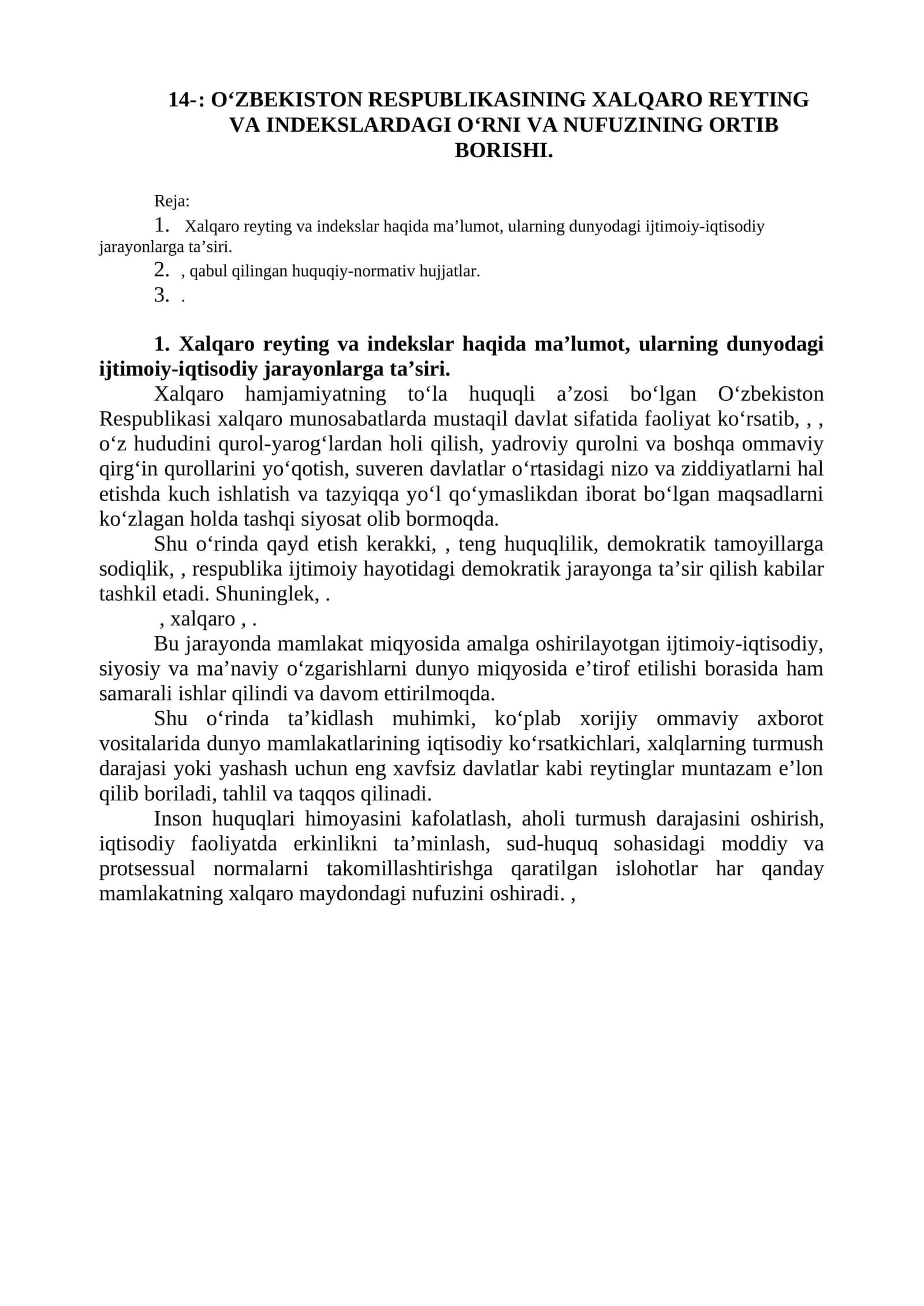 O‘ZBEKISTON RESPUBLIKASINING XALQARO REYTING VA INDEKSLARDAGI O‘RNI VA NUFUZINING ORTIB BORISHI