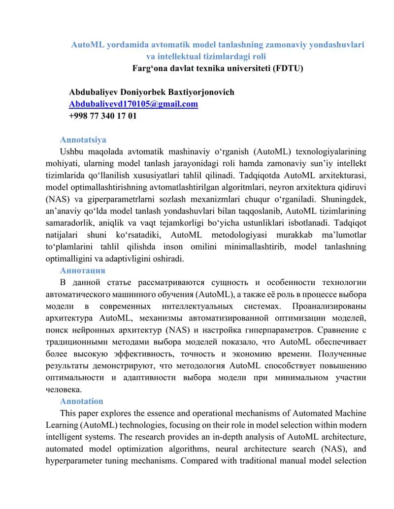 AutoML yordamida avtomatik model tanlashning zamonaviy yondashuvlari va intellektual tizimlardagi roli
