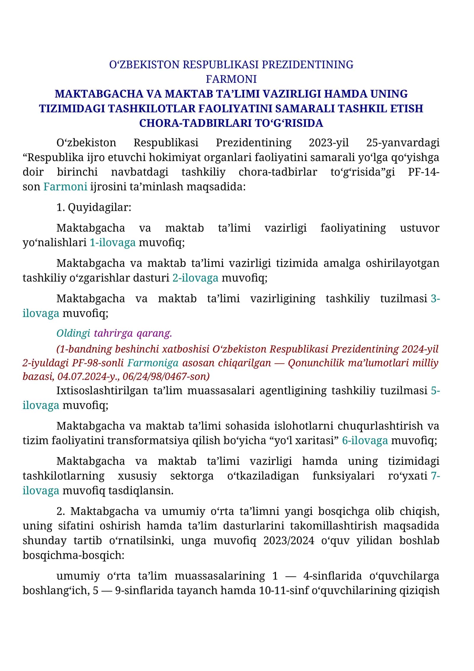 Maktabgacha va maktab taʼlimi vazirligi hamda uning tizimidagi tashkilotlar faoliyatini samarali tashkil etish chora-tadbirlari toʻgʻrisida