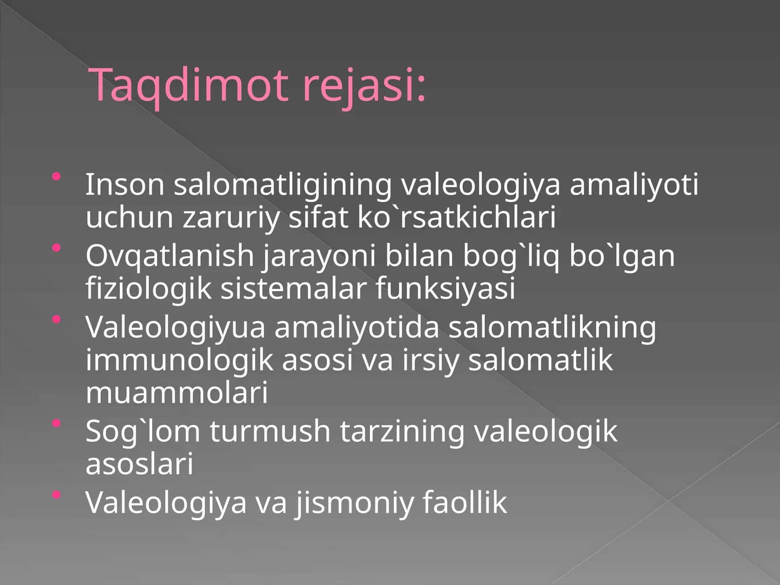 Inson salomatligining valeologiyaamaliyoti uchun zaruriy sifat ko`rsatkichlari